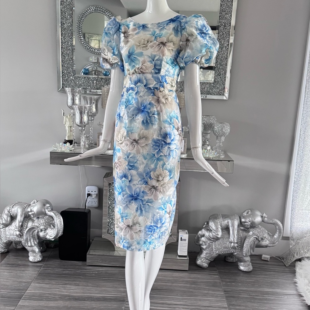 New 🪻Chic Floral Midi Dress in Blue and Cream - Picture 1 of 17
